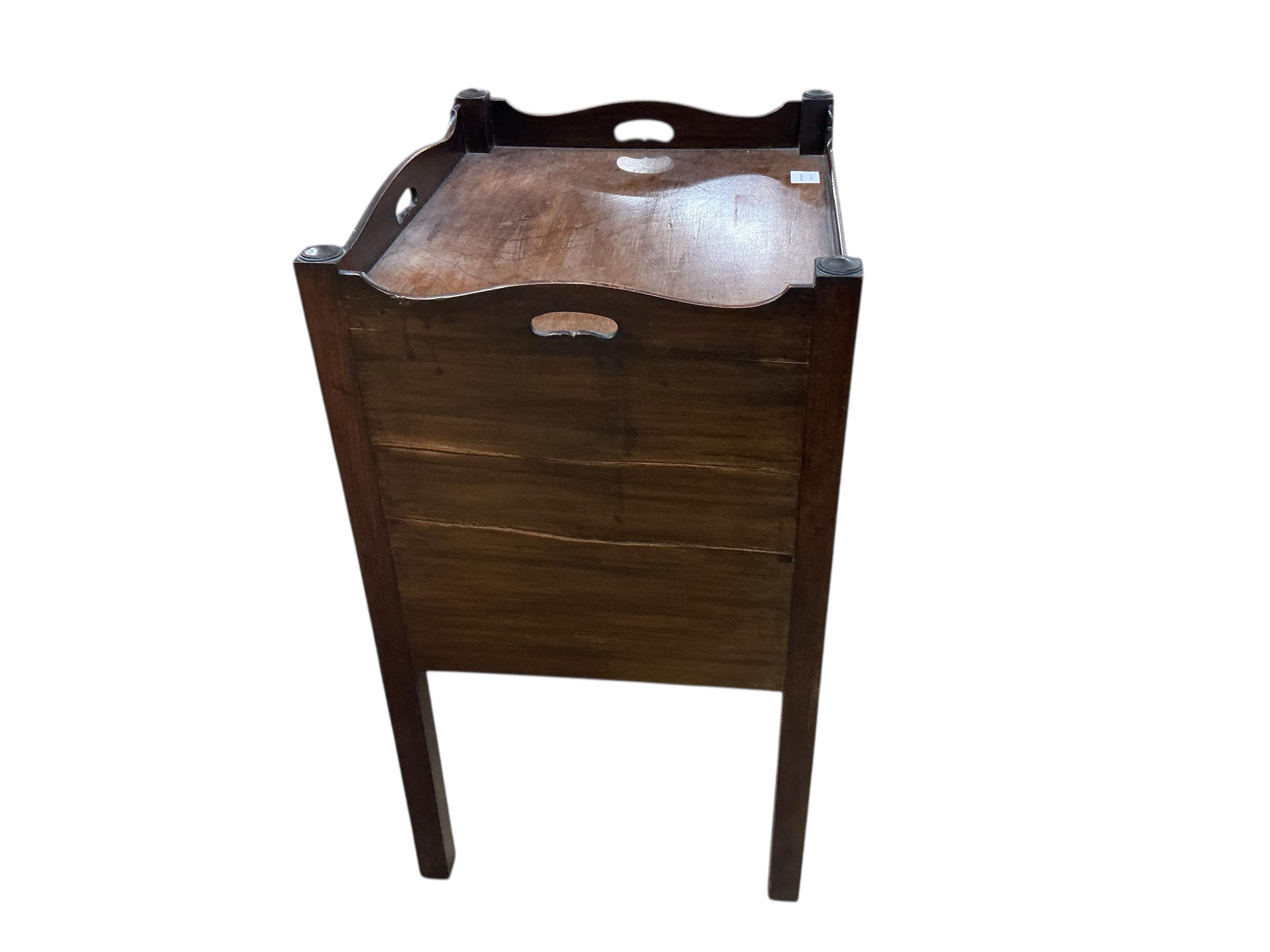A George III style mahogany tray top tambour bedside cabinet, width 56cm, depth 45cm, height 79cm